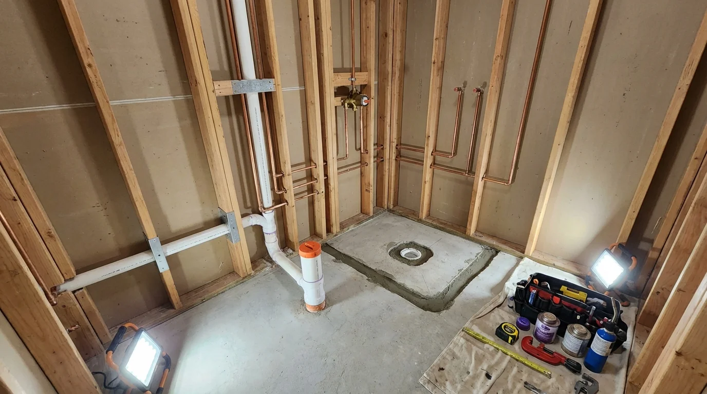 Bathroom rough-in plumbing during remodel by Johns Plumbing LLC in Maple Plain