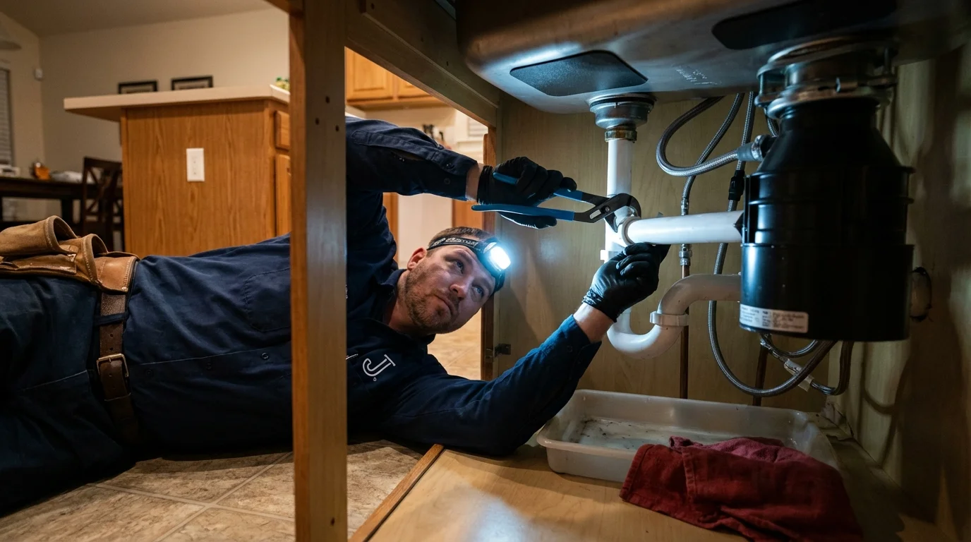 P-trap and supply line connections under a kitchen sink showing a common leak point in Maple Plain, MN